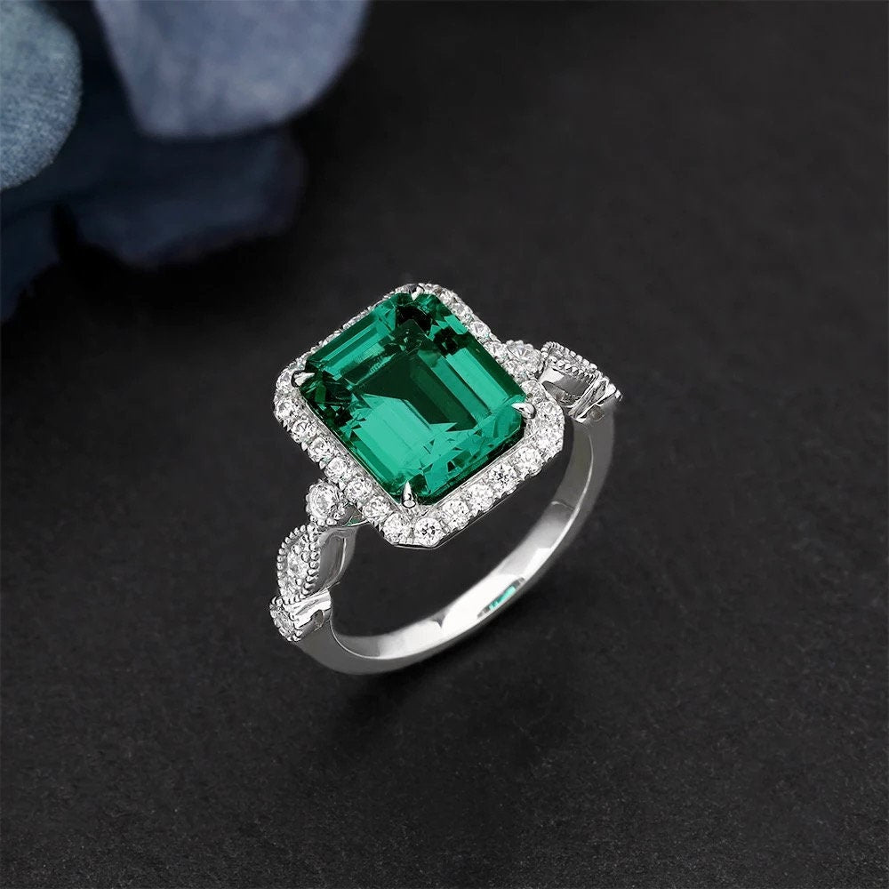 Vintage emerald engagement Ring, Lab created emerald engagement ring, Art deco emerald and Moissinate  ring, Promise Anniversary ring