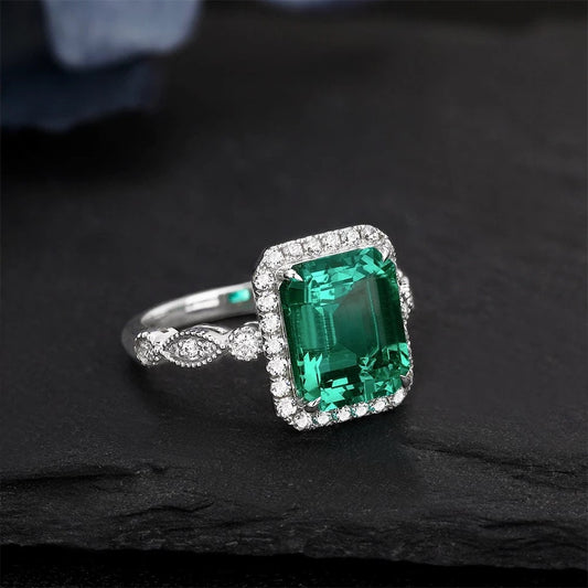 Vintage emerald engagement Ring, Lab created emerald engagement ring, Art deco emerald and Moissinate  ring, Promise Anniversary ring