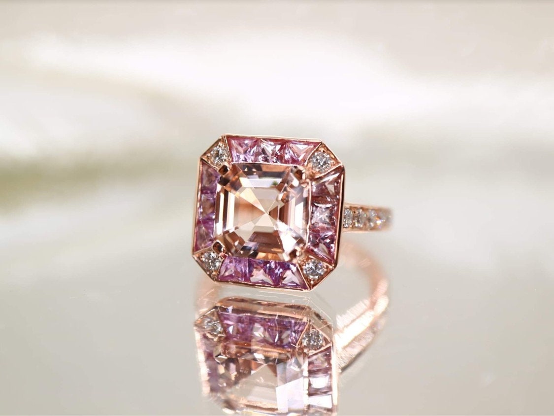 Morganite  and pink sapphire  ring with natural diamond in rose  gold setting - Diamond  engagement ring, Morganite ring, Rose gold ring