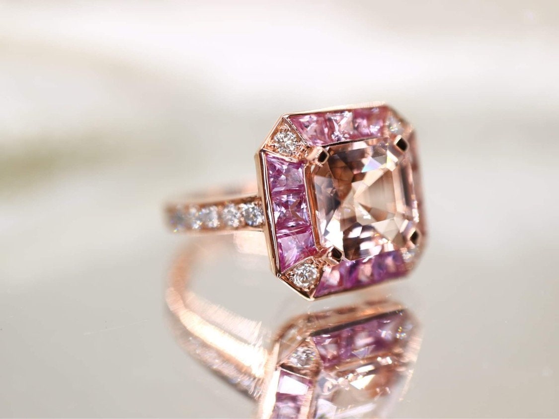 Morganite  and pink sapphire  ring with natural diamond in rose  gold setting - Diamond  engagement ring, Morganite ring, Rose gold ring