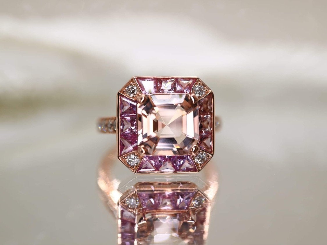 Morganite  and pink sapphire  ring with natural diamond in rose  gold setting - Diamond  engagement ring, Morganite ring, Rose gold ring