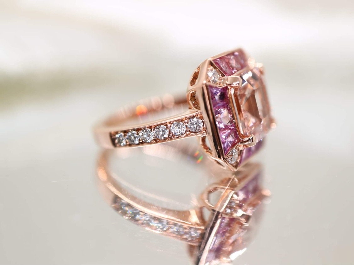 Morganite  and pink sapphire  ring with natural diamond in rose  gold setting - Diamond  engagement ring, Morganite ring, Rose gold ring