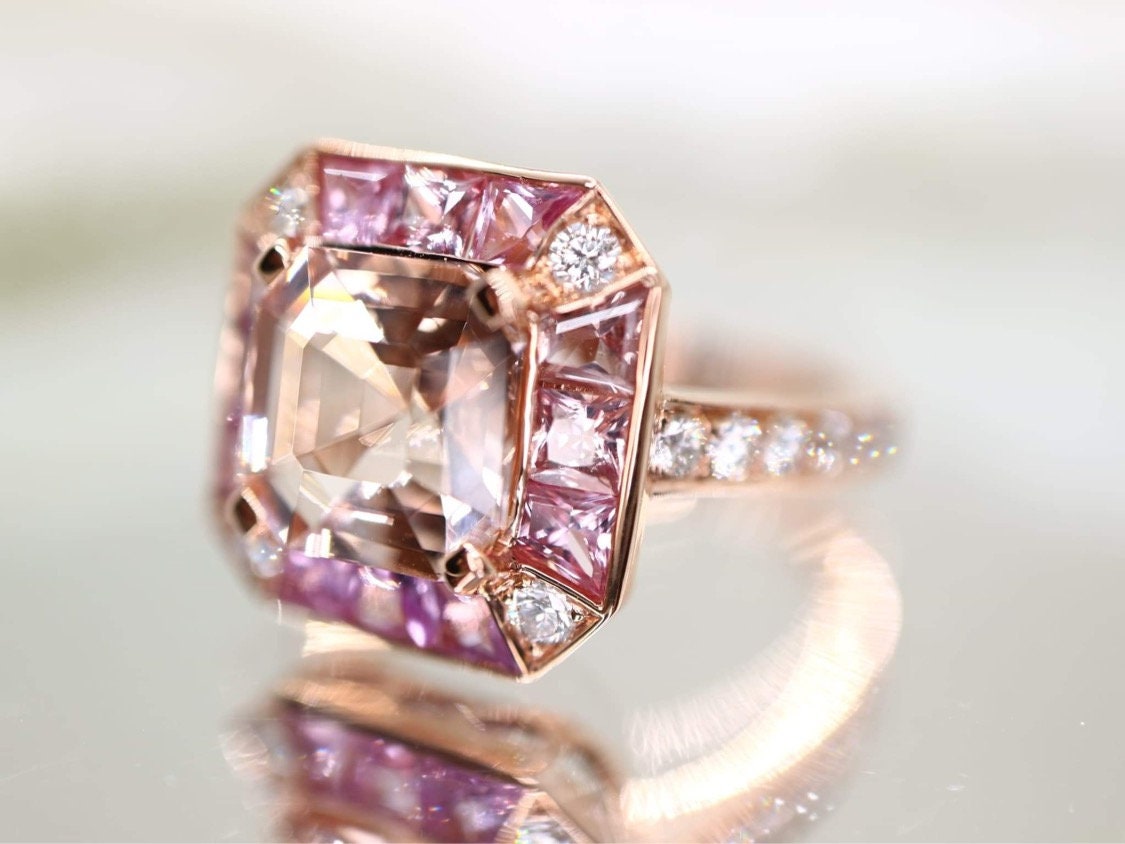 Morganite  and pink sapphire  ring with natural diamond in rose  gold setting - Diamond  engagement ring, Morganite ring, Rose gold ring