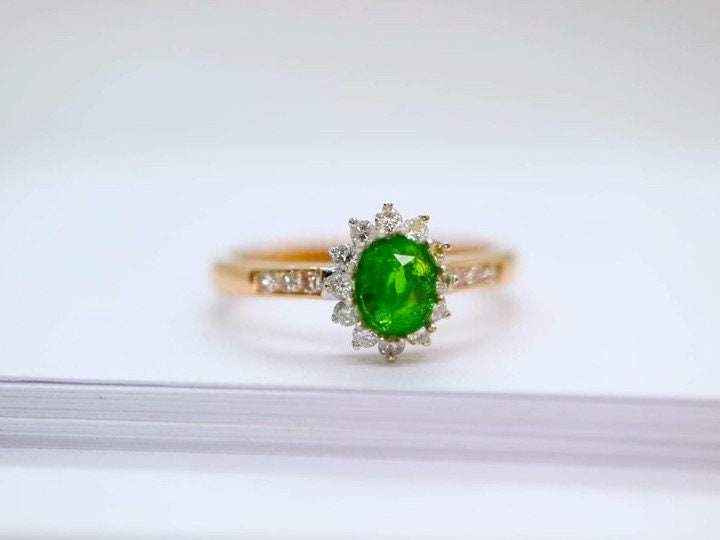 Tsavorite garnet diamond halo ring in rose gold, white gold gemstone engagement  ring, Promise ring, October birthstone