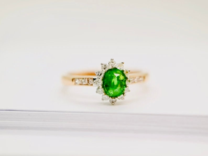 Tsavorite garnet diamond halo ring in rose gold, white gold gemstone engagement  ring, Promise ring, October birthstone