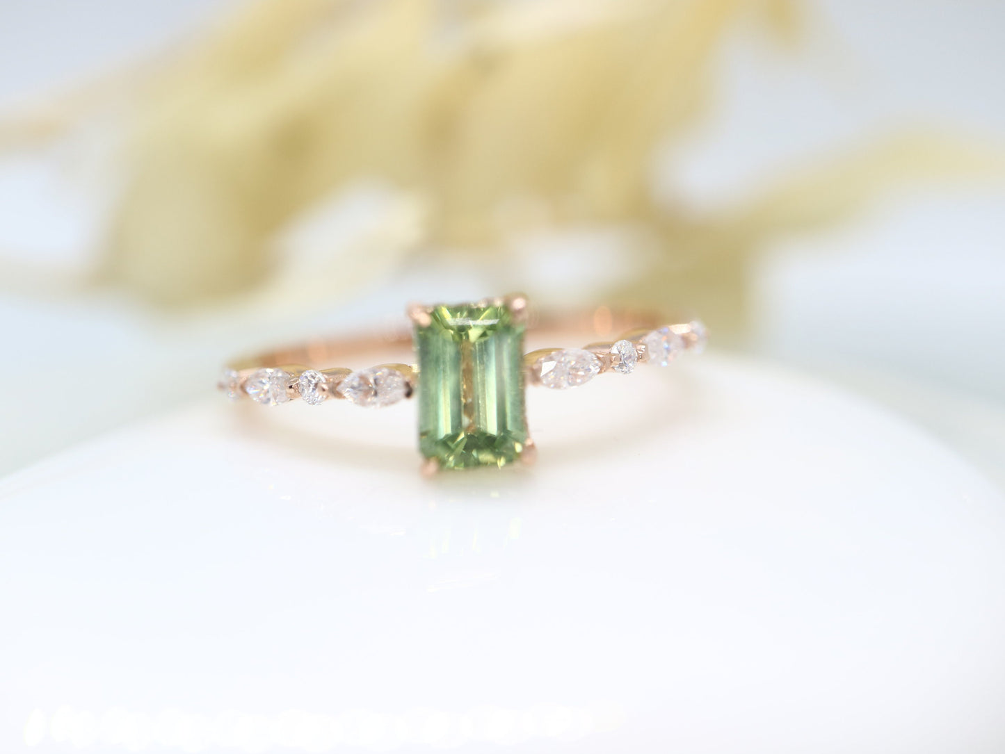 14k rose gold green sapphire and diamond ring, Green sapphire and diamond engagement ring