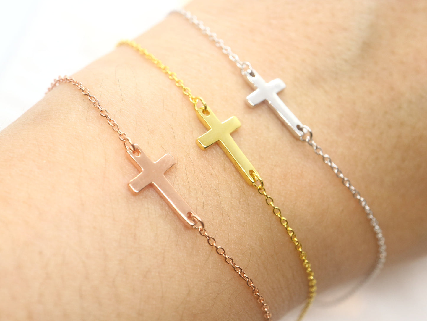 sterling silver cross bracelet, sideways cross bracelet, Christian cross chain link bracelet