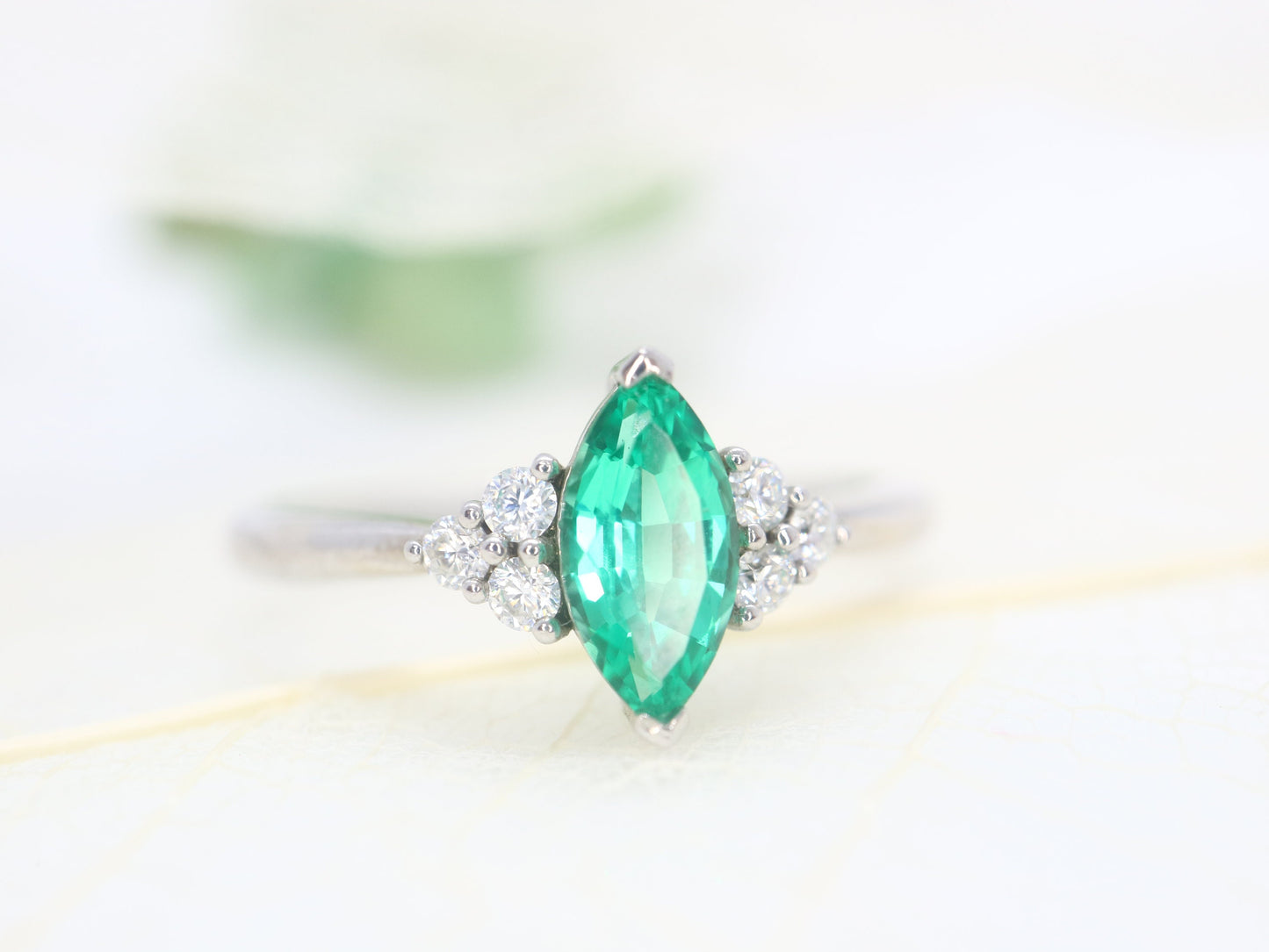 14k white gold Marquise shaped emerald ring, Emerald cluster ring, Cluster engagement ring, Emerald engagement ring, cluster ring gold