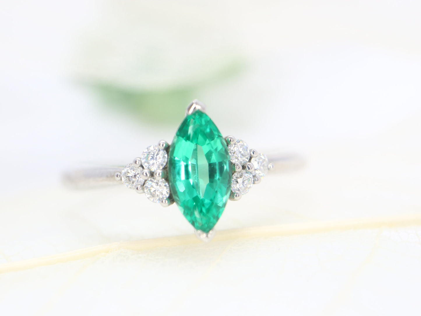 14k white gold Marquise shaped emerald ring, Emerald cluster ring, Cluster engagement ring, Emerald engagement ring, cluster ring gold