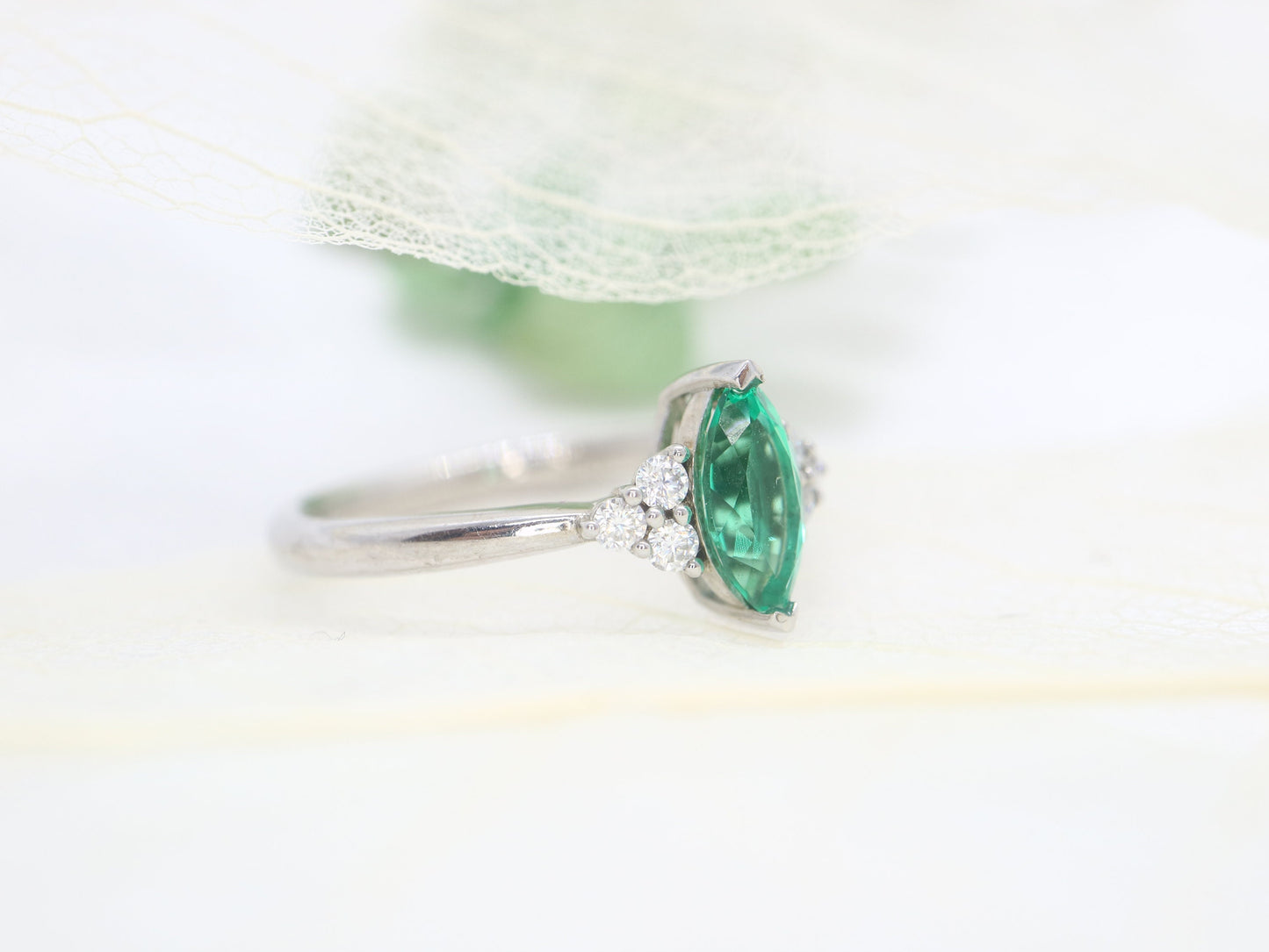 14k white gold Marquise shaped emerald ring, Emerald cluster ring, Cluster engagement ring, Emerald engagement ring, cluster ring gold