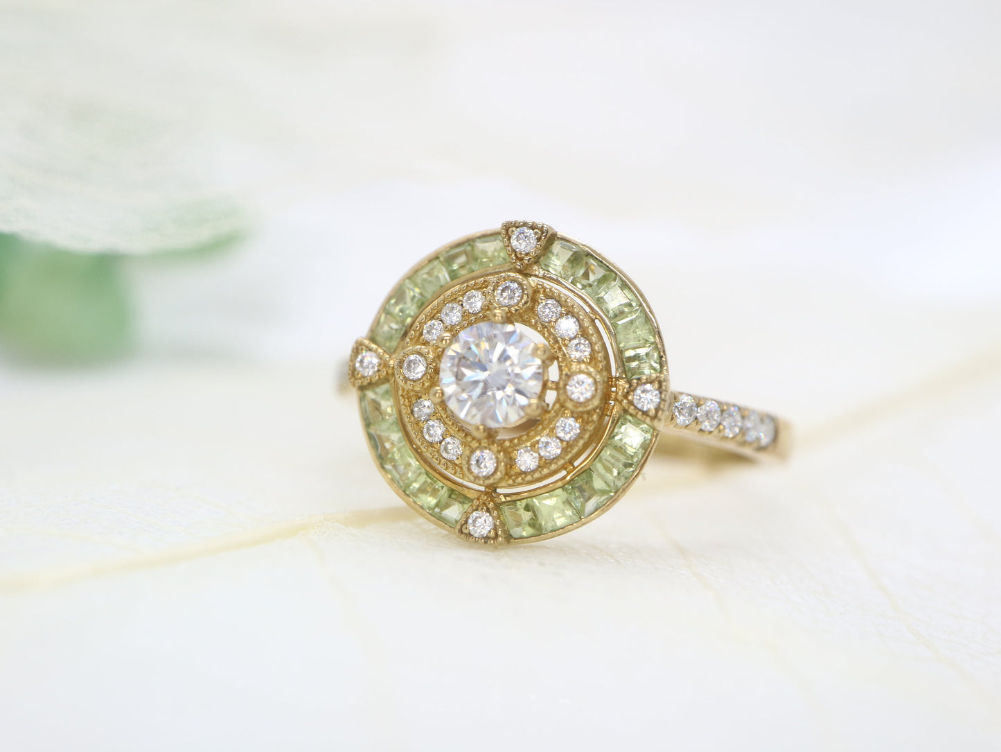 Art Deco diamond  engagement ring, 14k yelllow gold Peridot halo ring, Anniversary gift, Vintage gold ring, Vintage engagement ring