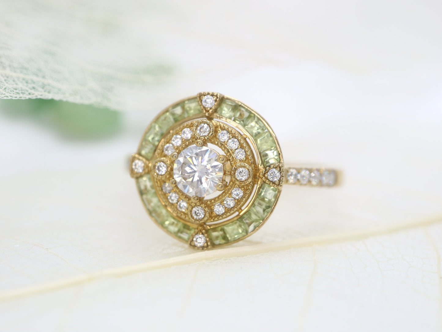 Art Deco diamond  engagement ring, 14k yelllow gold Peridot halo ring, Anniversary gift, Vintage gold ring, Vintage engagement ring