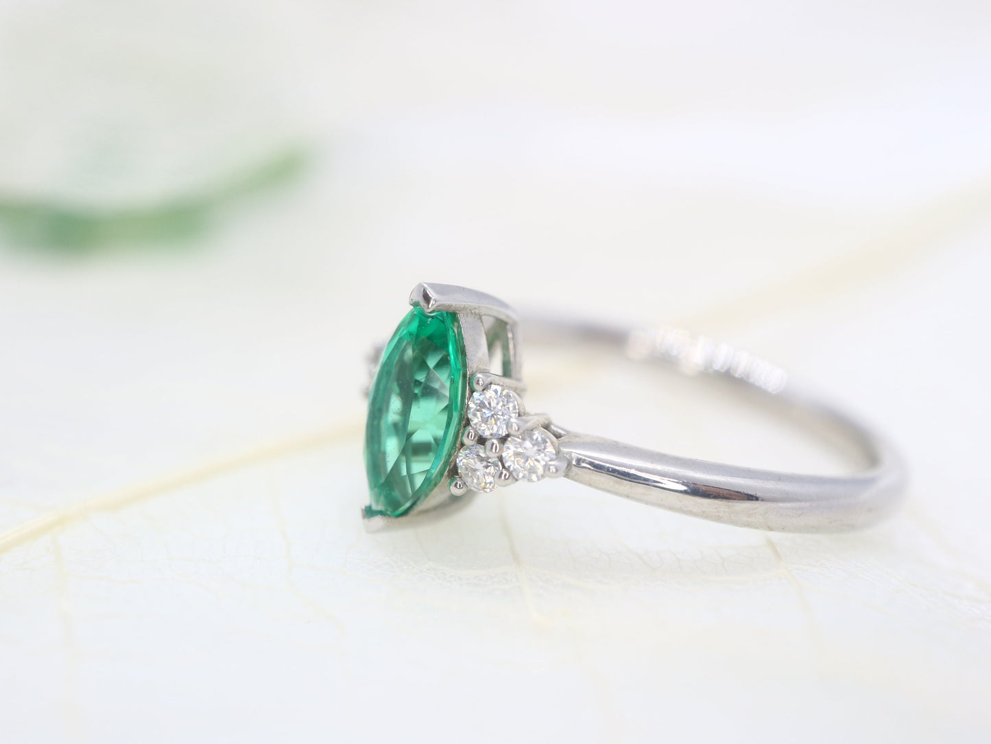 14k white gold Marquise shaped emerald ring, Emerald cluster ring, Cluster engagement ring, Emerald engagement ring, cluster ring gold