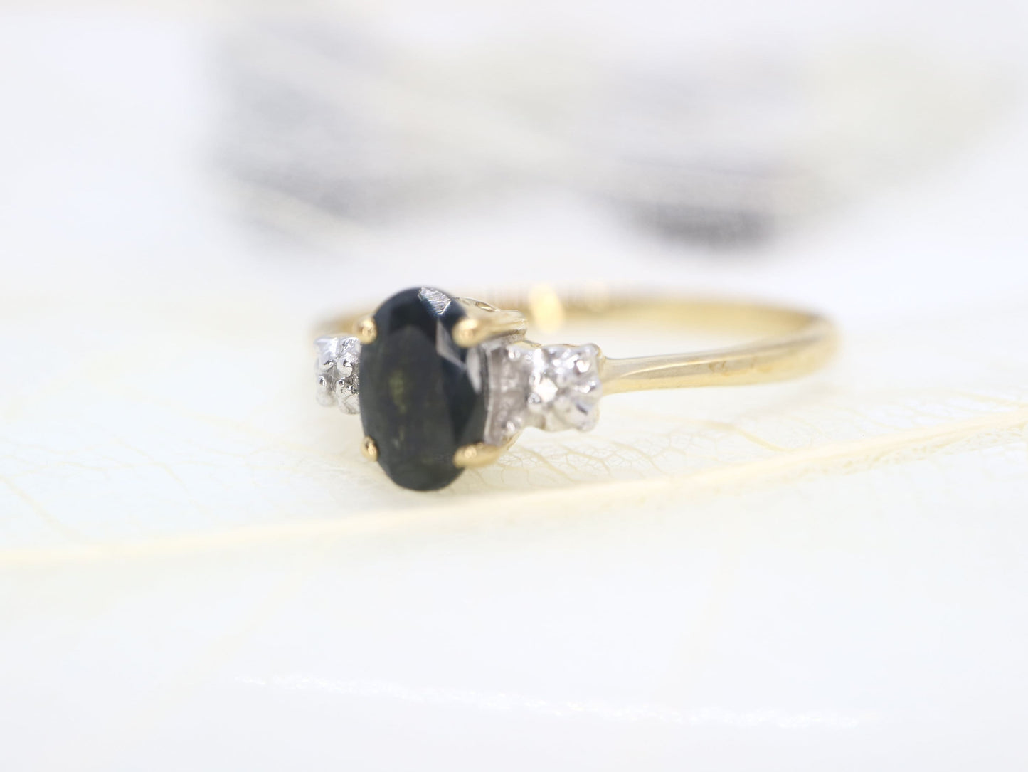 Elegant 14k Yellow  gold natural sapphire and diamond ring, Vintage Sapphire Engagement ring, Three stone engagement ring