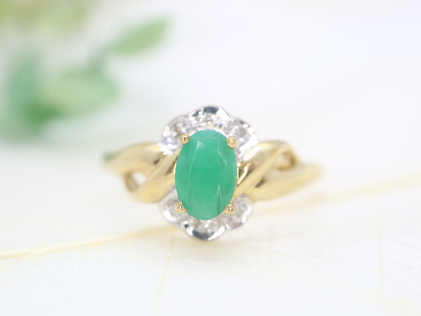 Vintage emerald engagement ring, two tone engagement ring, yellow and white gold diamond ring, made for her