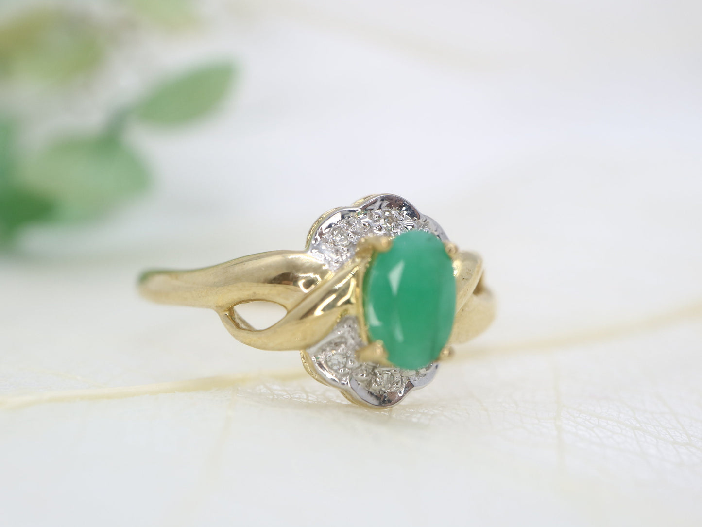 Vintage emerald engagement ring, two tone engagement ring, yellow and white gold diamond ring, made for her