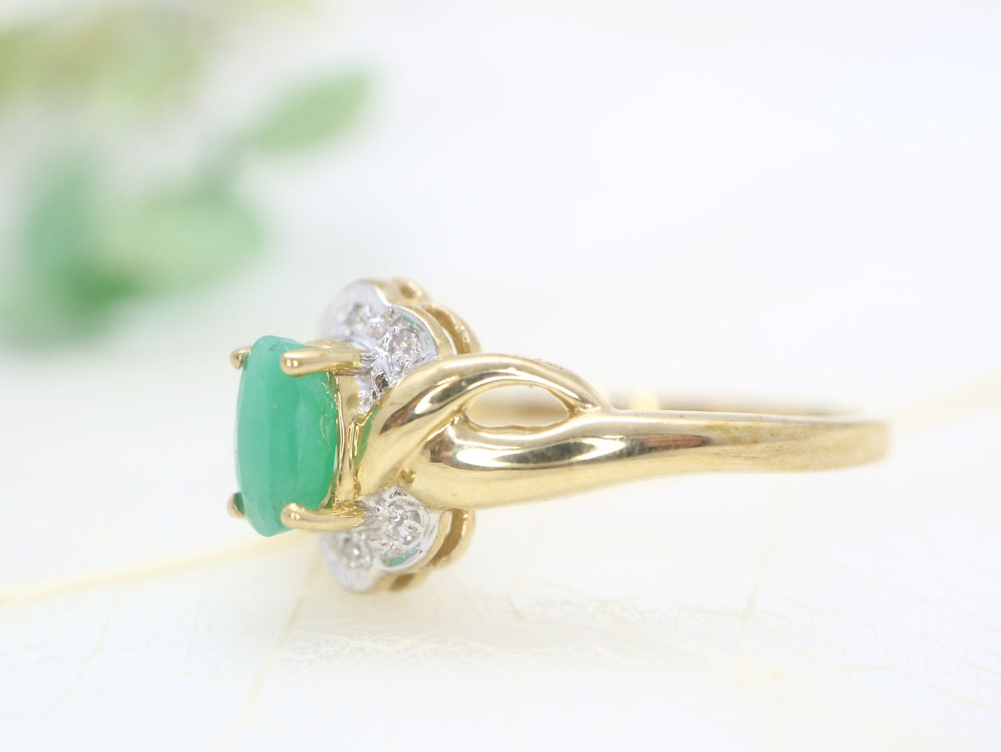 Vintage emerald engagement ring, two tone engagement ring, yellow and white gold diamond ring, made for her