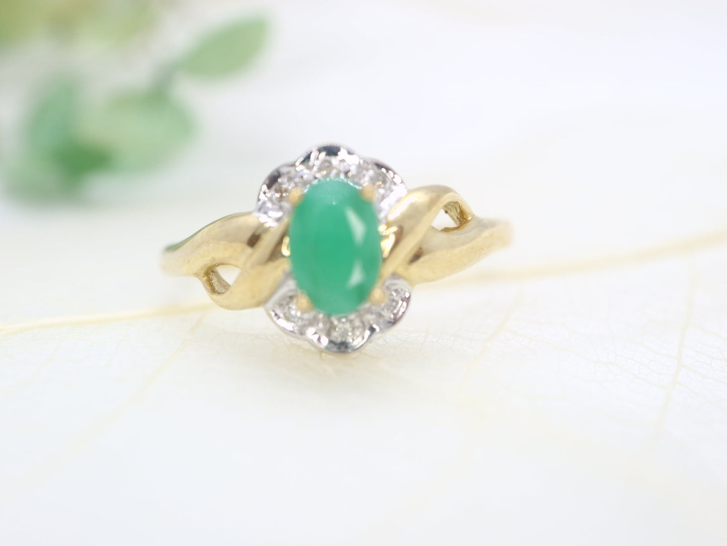 Vintage emerald engagement ring, two tone engagement ring, yellow and white gold diamond ring, made for her