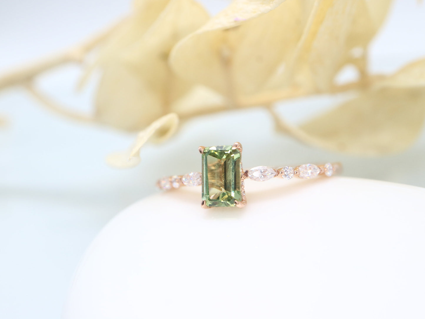 14k rose gold green sapphire and diamond ring, Green sapphire and diamond engagement ring