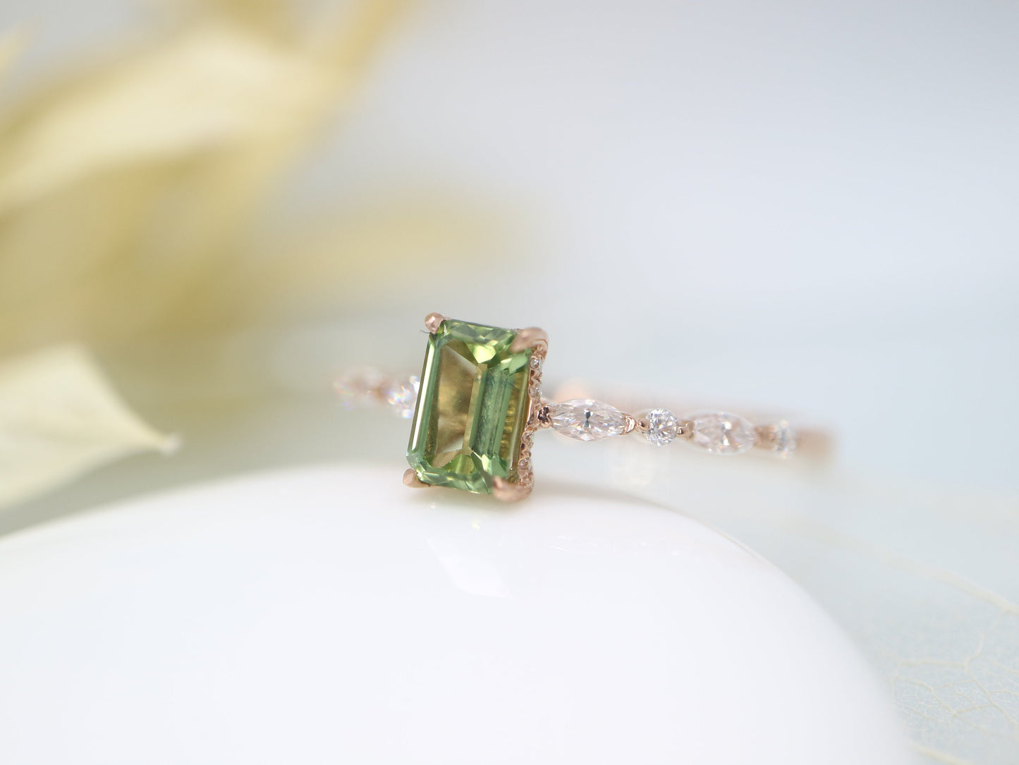 14k rose gold green sapphire and diamond ring, Green sapphire and diamond engagement ring