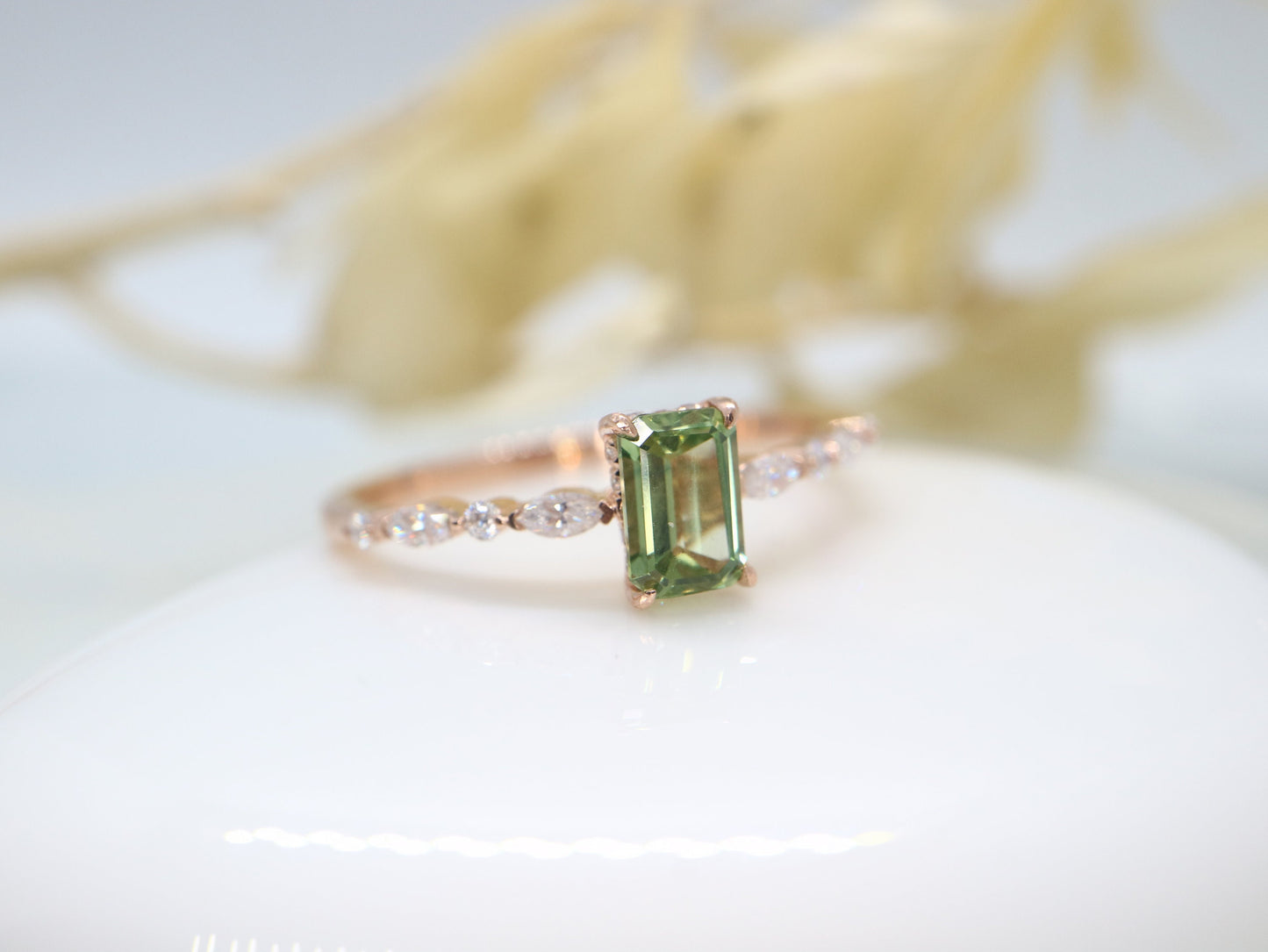 14k rose gold green sapphire and diamond ring, Green sapphire and diamond engagement ring