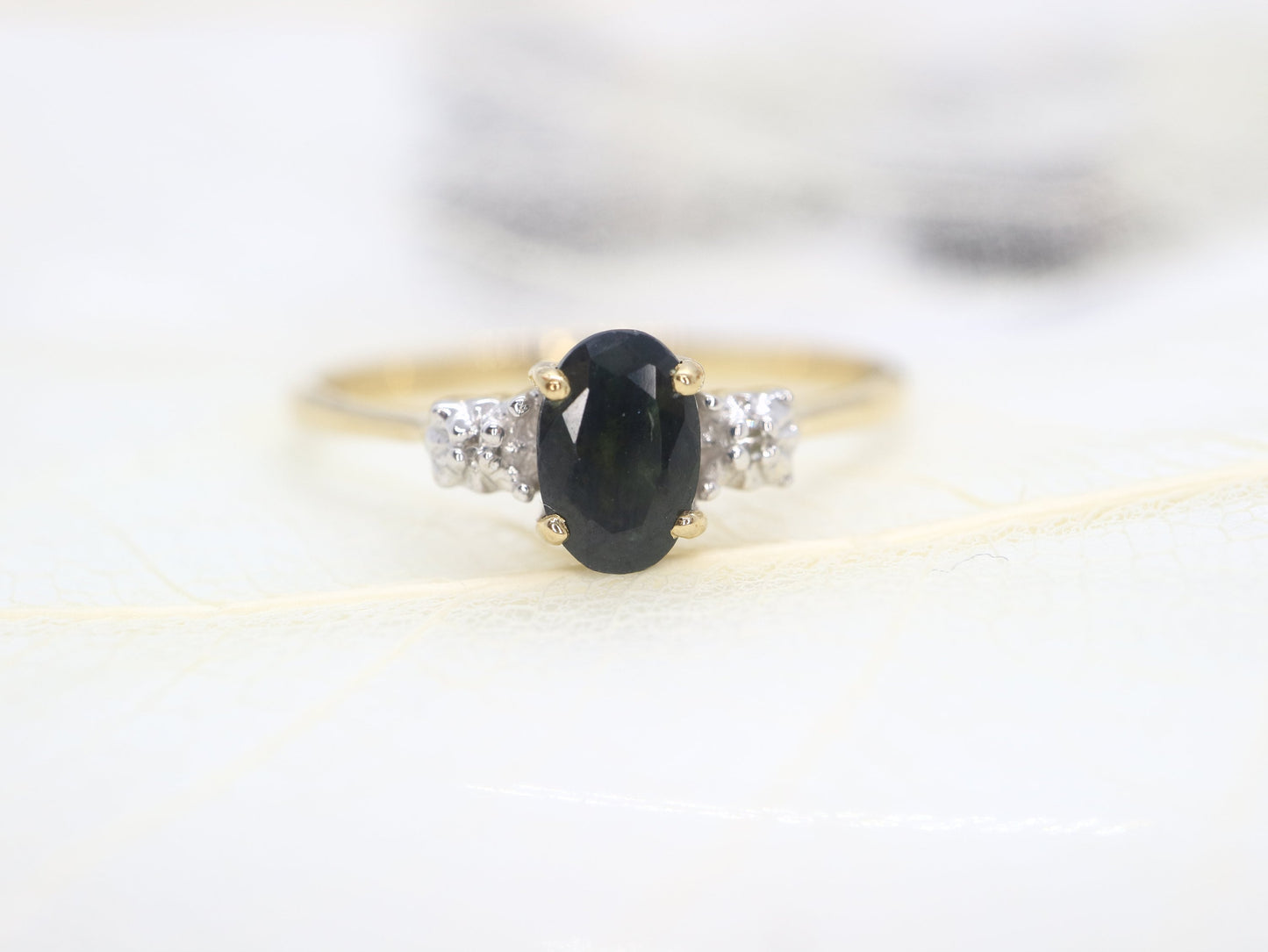 Elegant 14k Yellow  gold natural sapphire and diamond ring, Vintage Sapphire Engagement ring, Three stone engagement ring