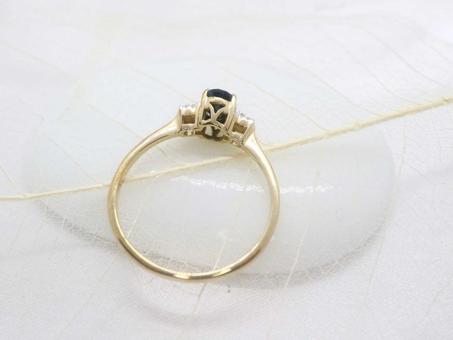 Elegant 14k Yellow  gold natural sapphire and diamond ring, Vintage Sapphire Engagement ring, Three stone engagement ring