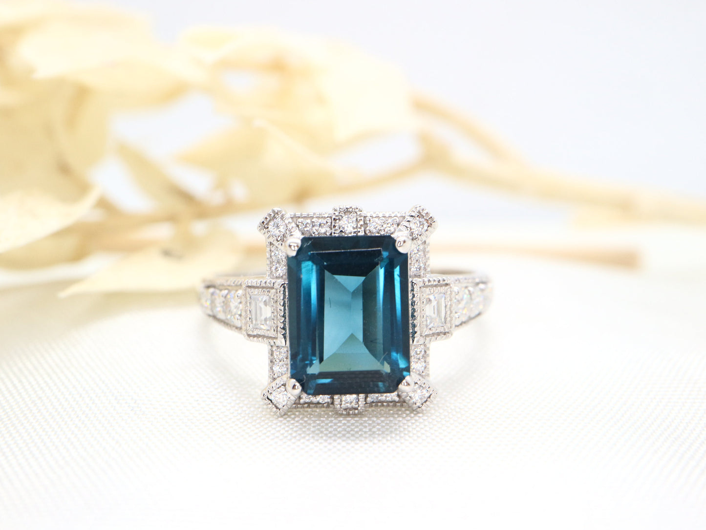 14k white gold Art Deco blue topaz and diamond ring, Engagement ring, Engagement and wedding ring