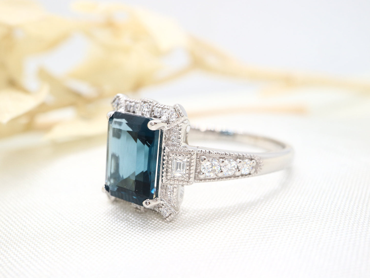 14k white gold Art Deco blue topaz and diamond ring, Engagement ring, Engagement and wedding ring