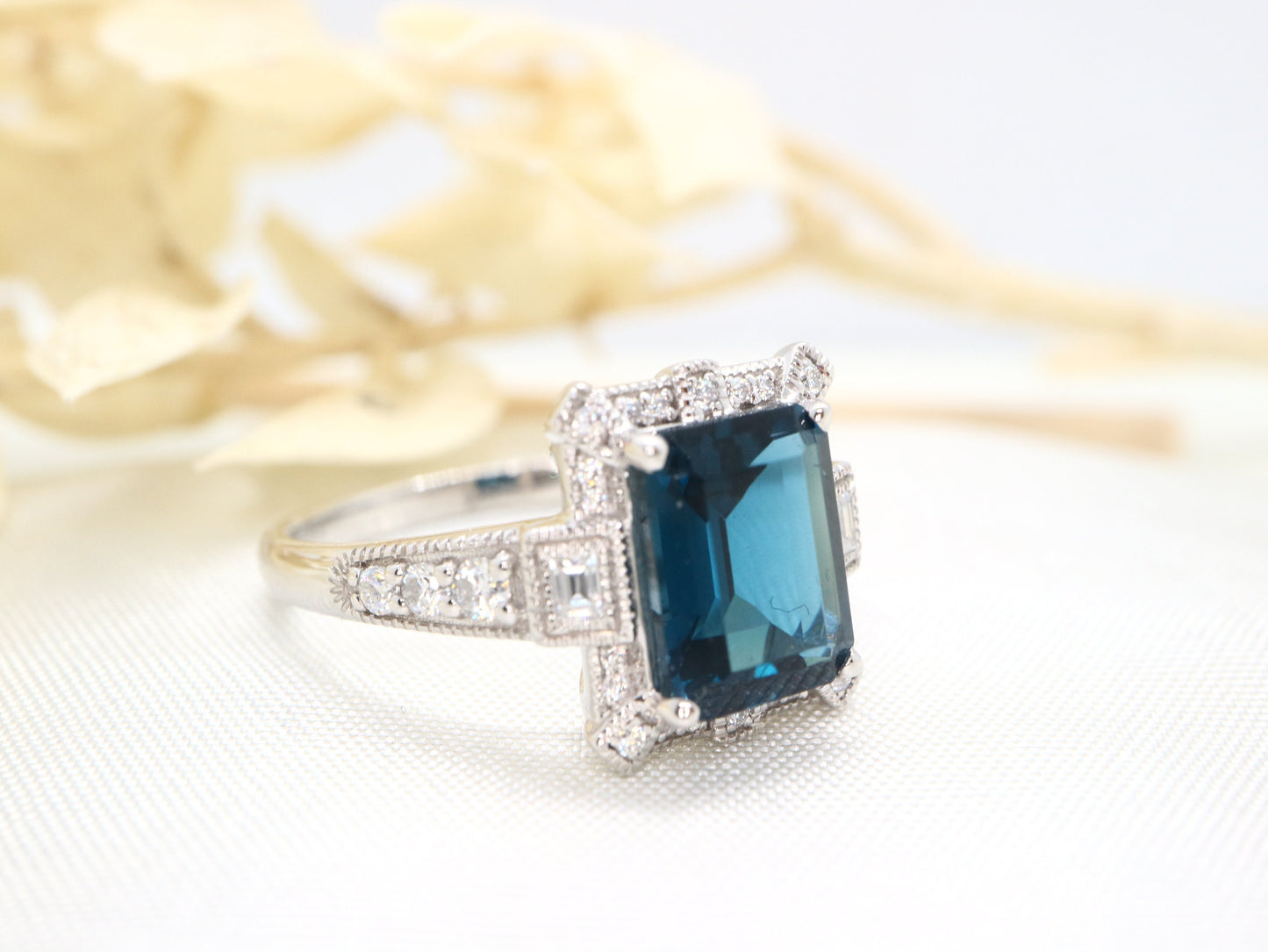 14k white gold Art Deco blue topaz and diamond ring, Engagement ring, Engagement and wedding ring