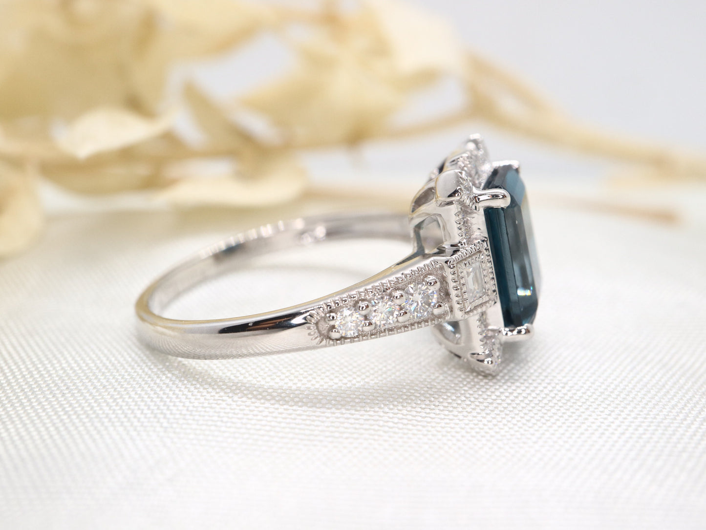 14k white gold Art Deco blue topaz and diamond ring, Engagement ring, Engagement and wedding ring