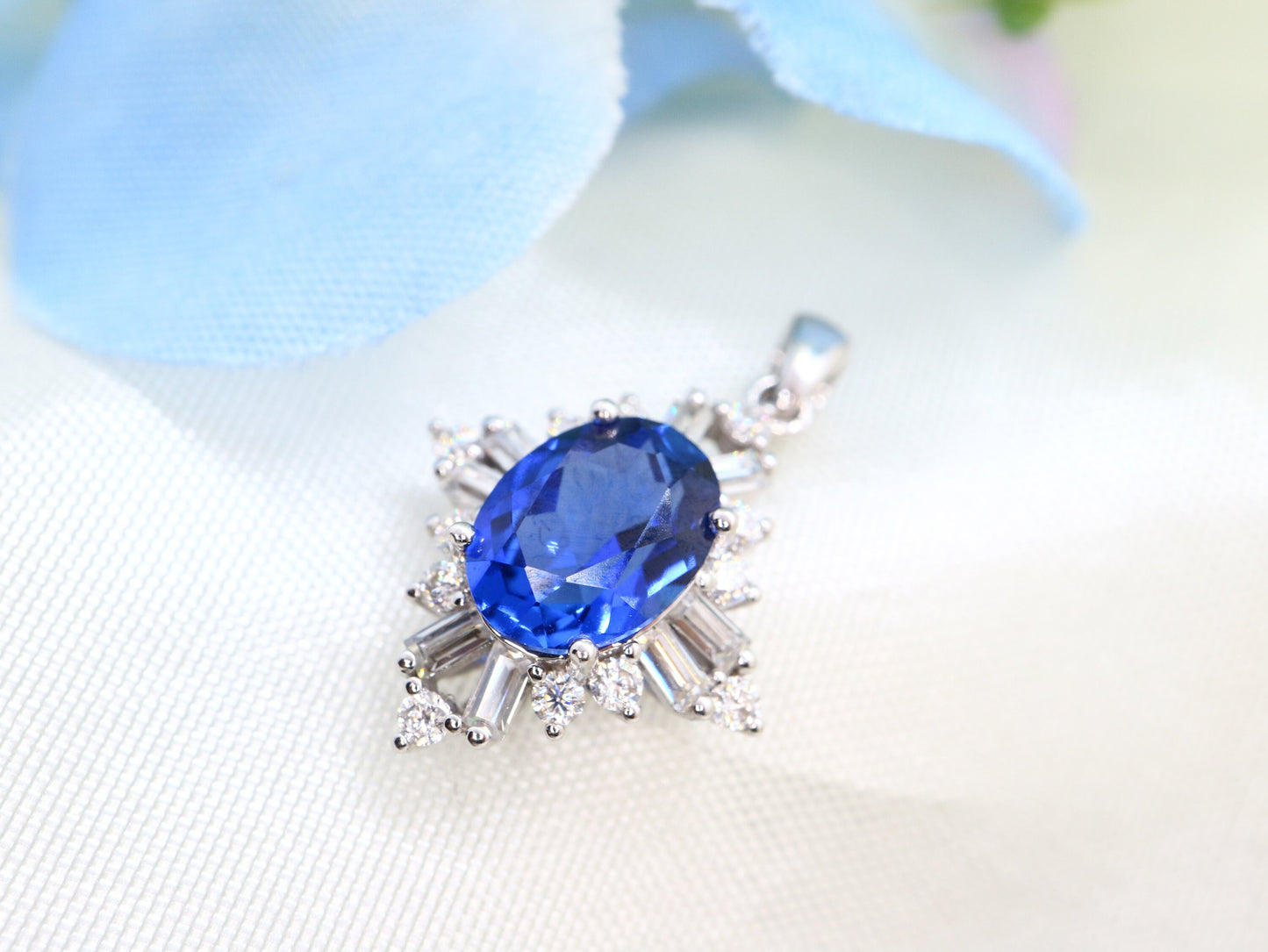 Lab created sapphire with CZ Pendent, sterling silver Lab sapphire pendant