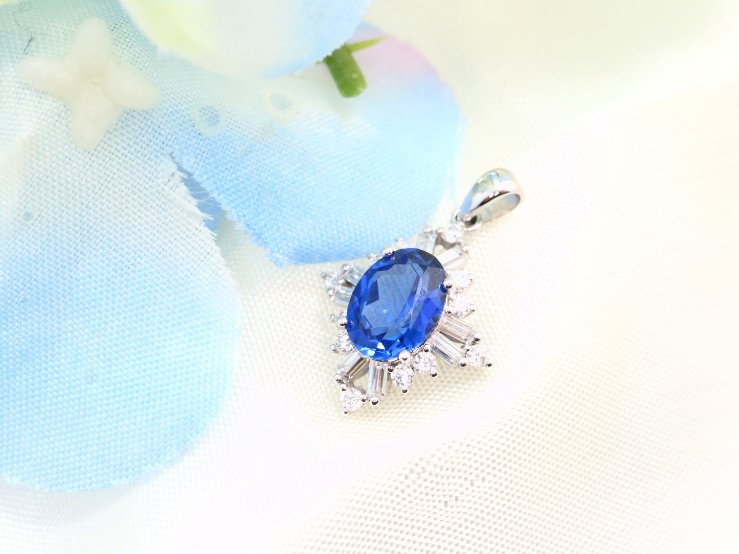 Lab created sapphire with CZ Pendent, sterling silver Lab sapphire pendant