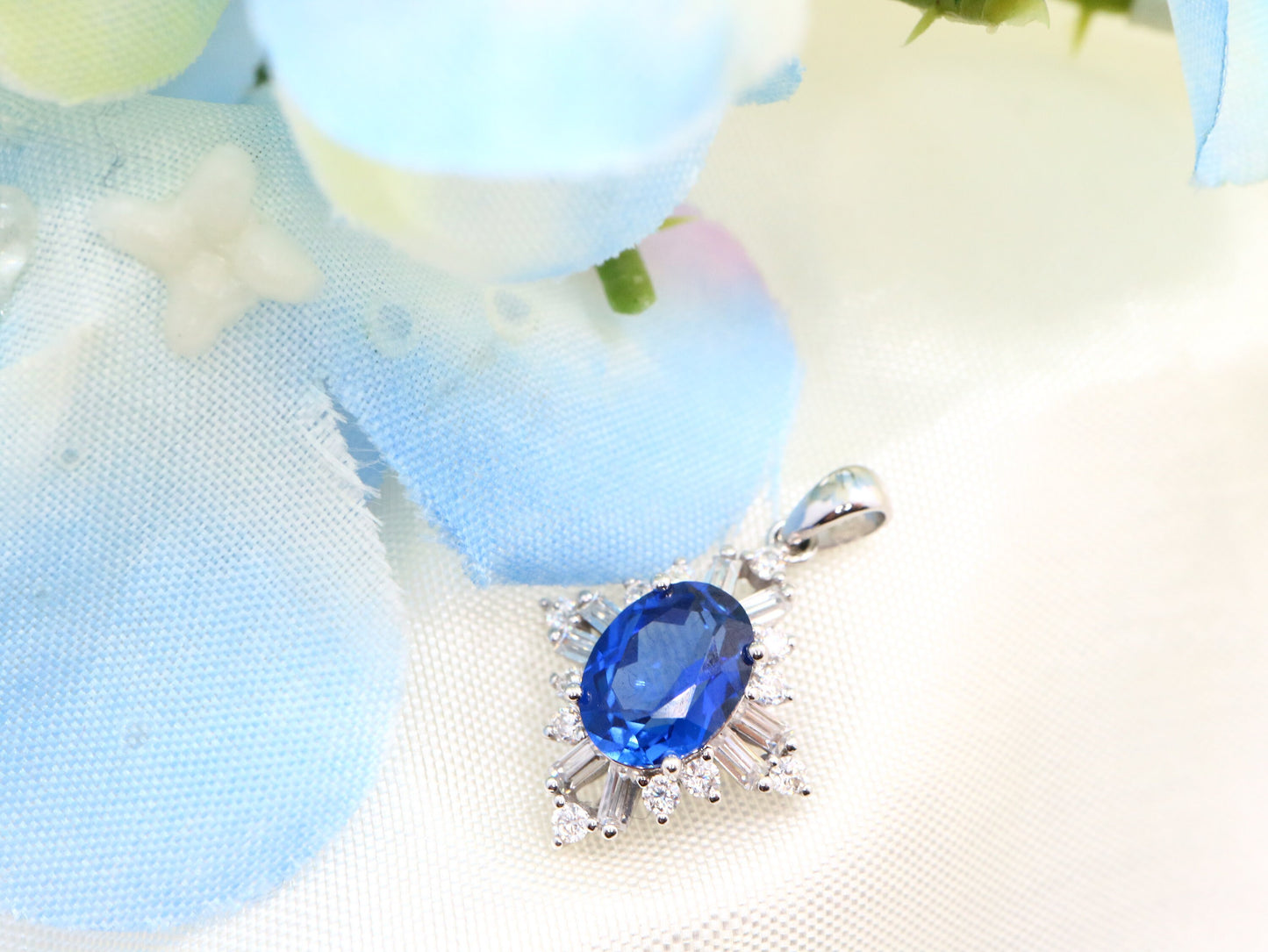 Lab created sapphire with CZ Pendent, sterling silver Lab sapphire pendant