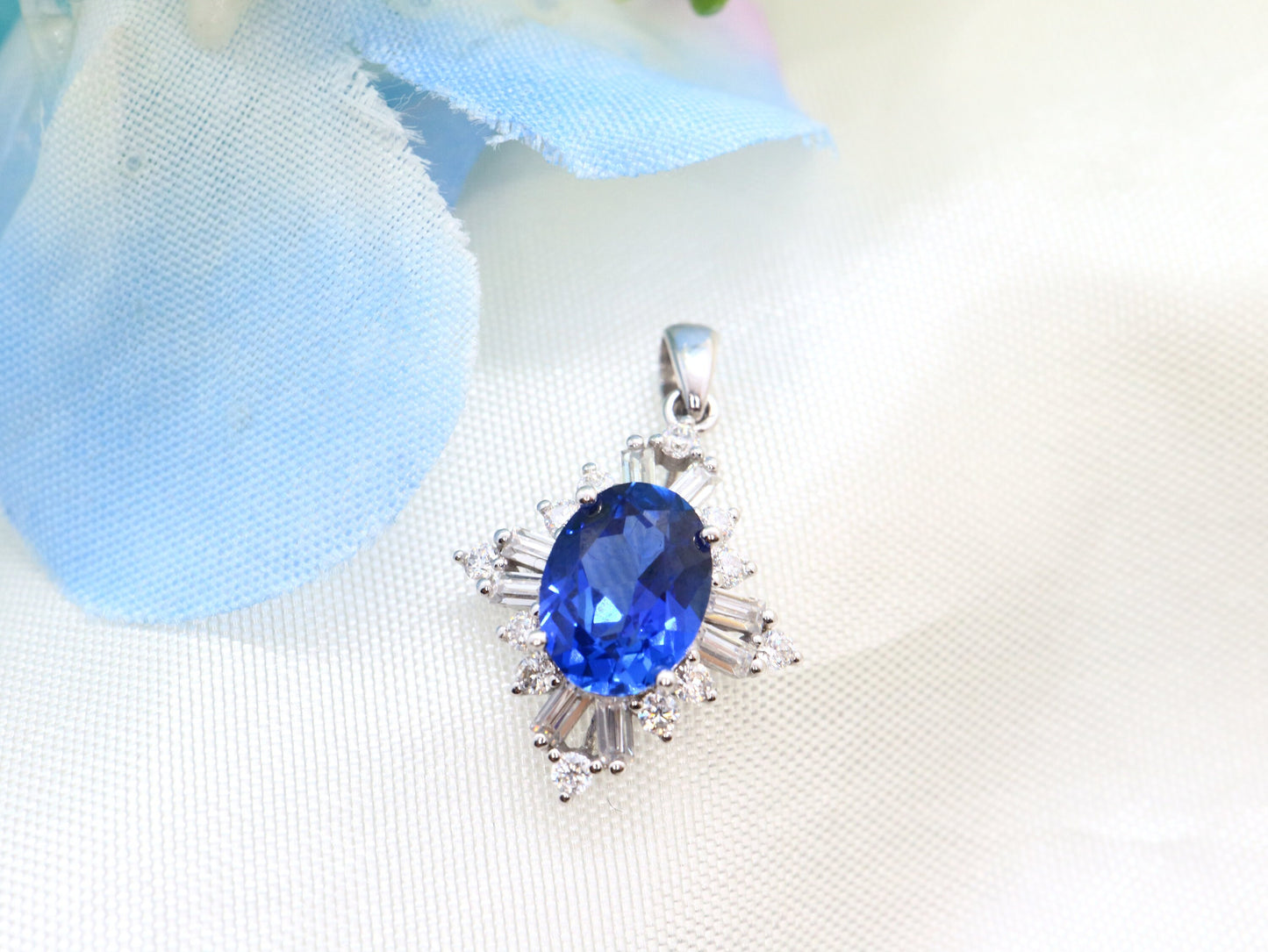 Lab created sapphire with CZ Pendent, sterling silver Lab sapphire pendant