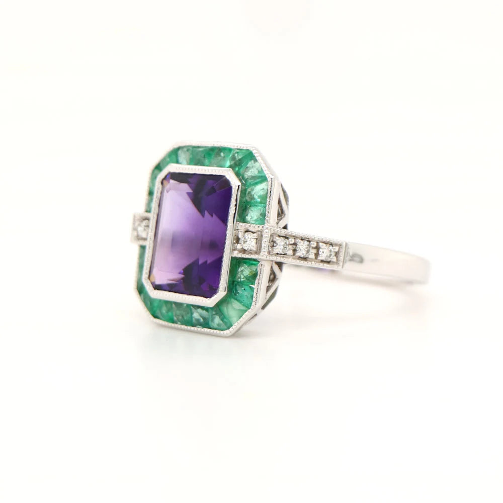 Amethyst and Emerald Cocktail ring in White Gold with Diamonds