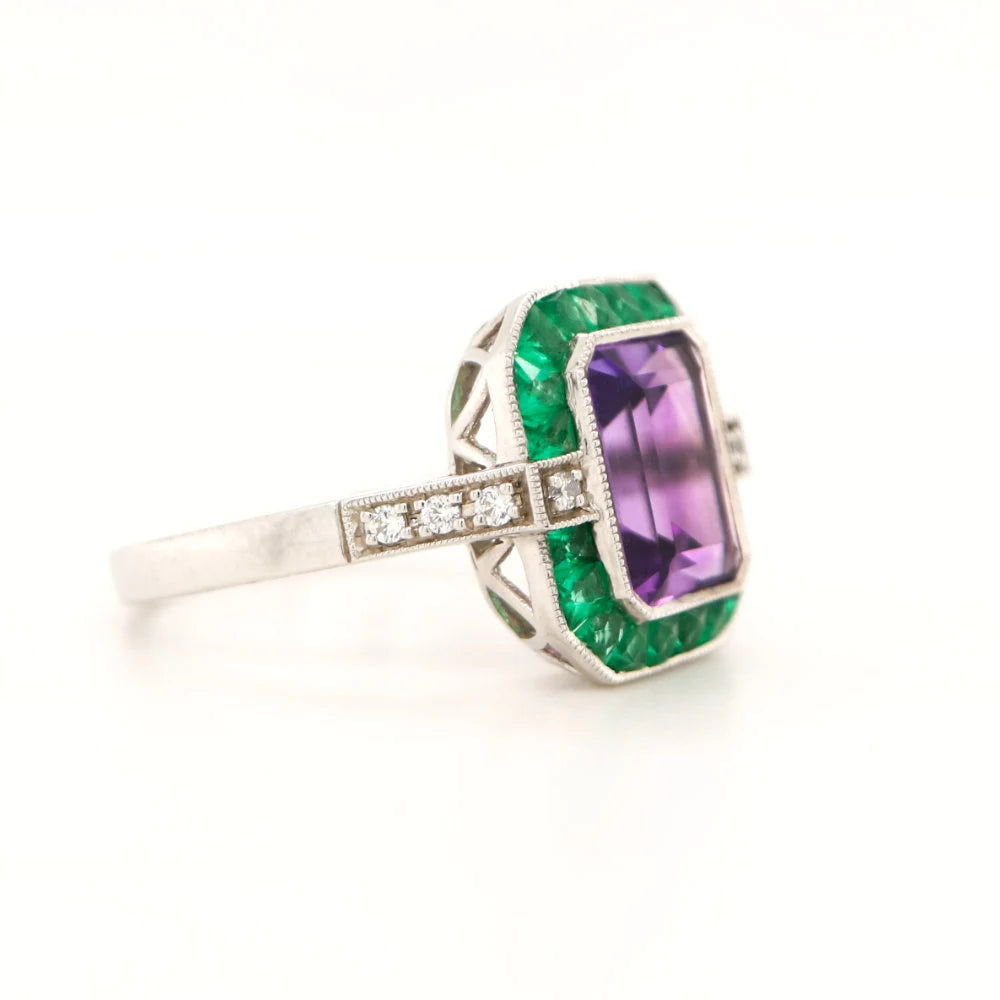 Amethyst and Emerald Cocktail ring in White Gold with Diamonds