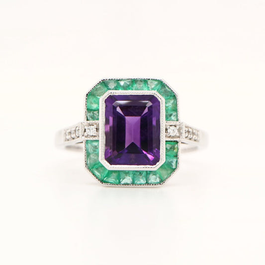 Amethyst and Emerald Cocktail ring in White Gold with Diamonds