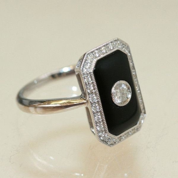 Vintage engaement ring,Onyx and diamond ring set, Handmade jewelry,diamond engagement ring,promise Anniversary ring,gifts for her