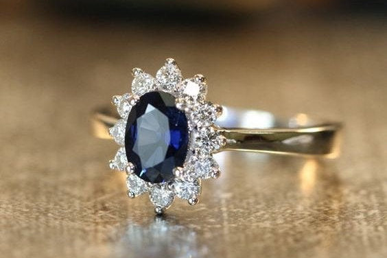 Vintage Oval halo sapphire ring gifts for her,Handmade jewelry,design genuine sapphire ring,enagement ring ,promise anniversary ring