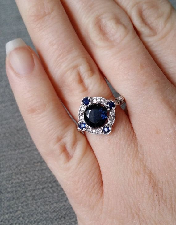 Estate Halo Lab Blue Sapphire ring,natural Diamond ring,Antique engagement ring ,Victorian Art Deco,promise Anniversary ring