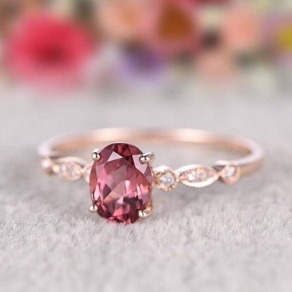 Solid rose gold ring set,pink natural tourmaline engagement ring,diamond wedding band,gemstone promise bridal ring,halo ,prongs