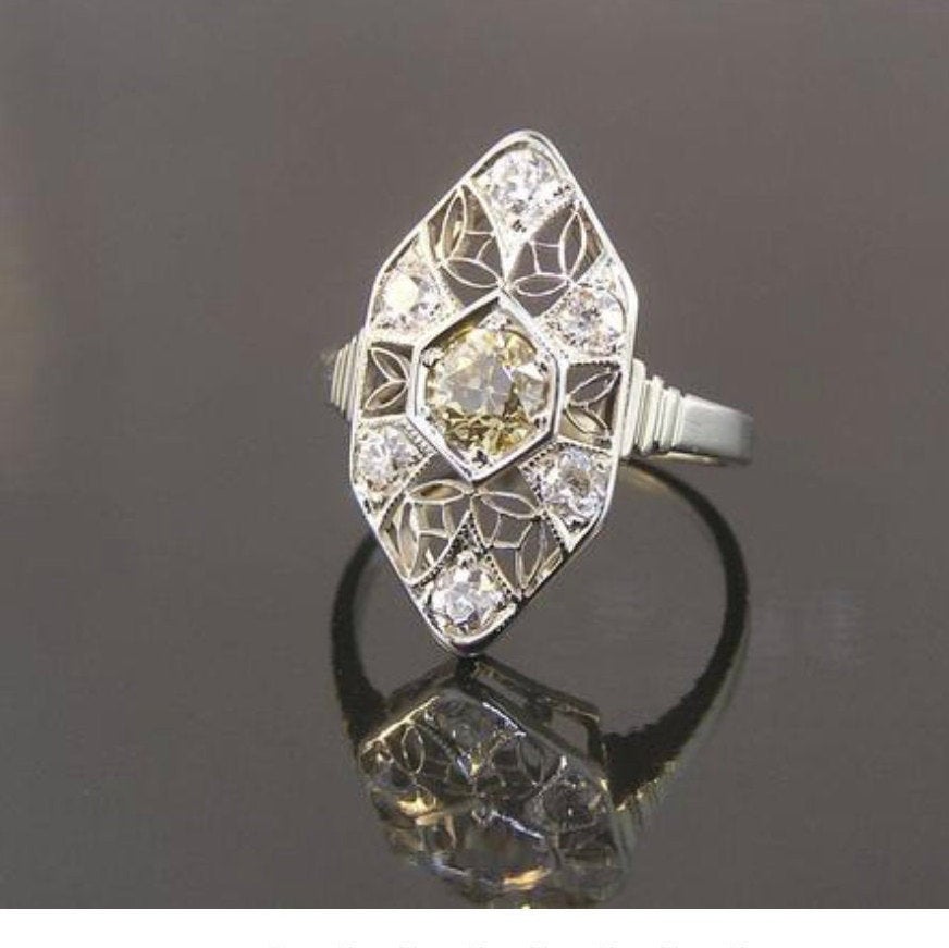 Art Deco diamond ring, yellow sapphire diamond ring set,Handmade jewelry,Engagement ring for women