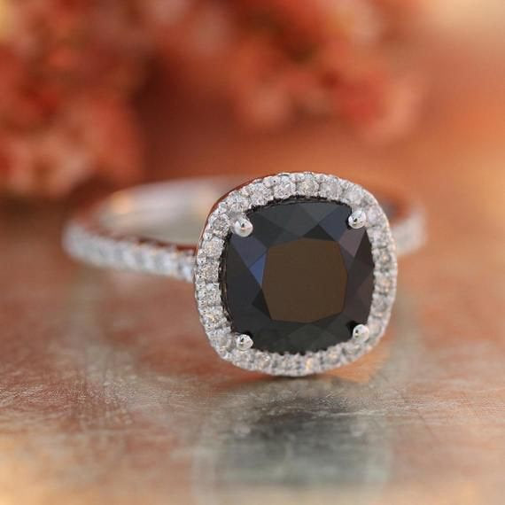 Black moissanite halo diamond ring set,onyx wedding band ring ,promise ring ,Handmade Jewelry,black ring for women