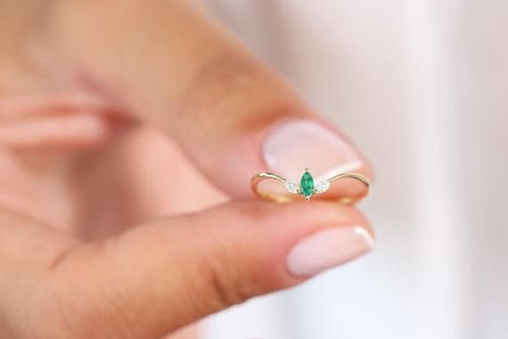 Marquise Emerald Ring/14k Marquise Emerald and Marquise Diamond Ring ,Natural Emerald