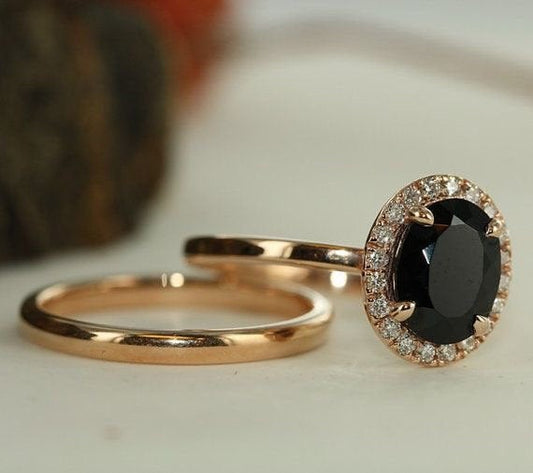 Black oval Spinel and diamond  ring set,Handmade jewelry, gifts for her