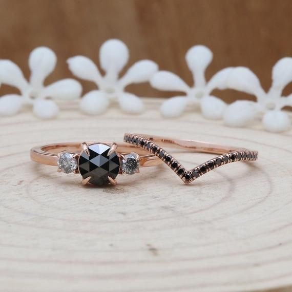 Natural Black Rose Cut Round Diamond 14K Rose Gold Set Ring Engagement Wedding Gift Ring