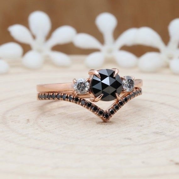 Natural Black Rose Cut Round Diamond 14K Rose Gold Set Ring Engagement Wedding Gift Ring