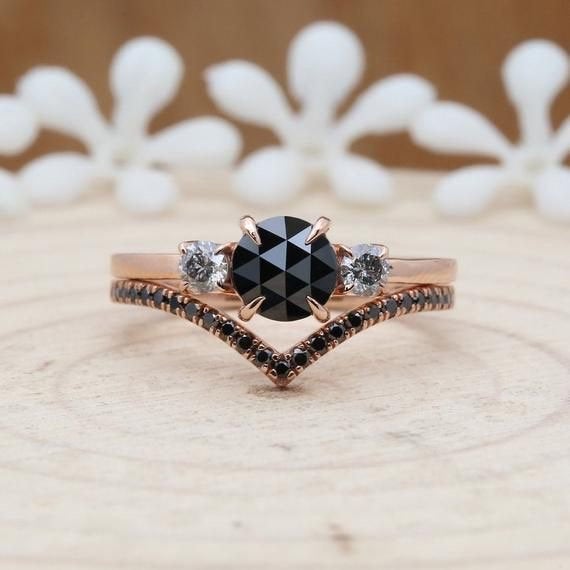 Natural Black Rose Cut Round Diamond 14K Rose Gold Set Ring Engagement Wedding Gift Ring