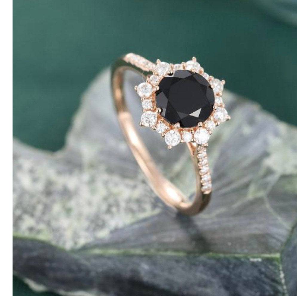 Black onyx  engagement ring set, vintage inspired diamond ring , halo diamond/Moissanite half eternity wedding women Bridal Anniversary gift